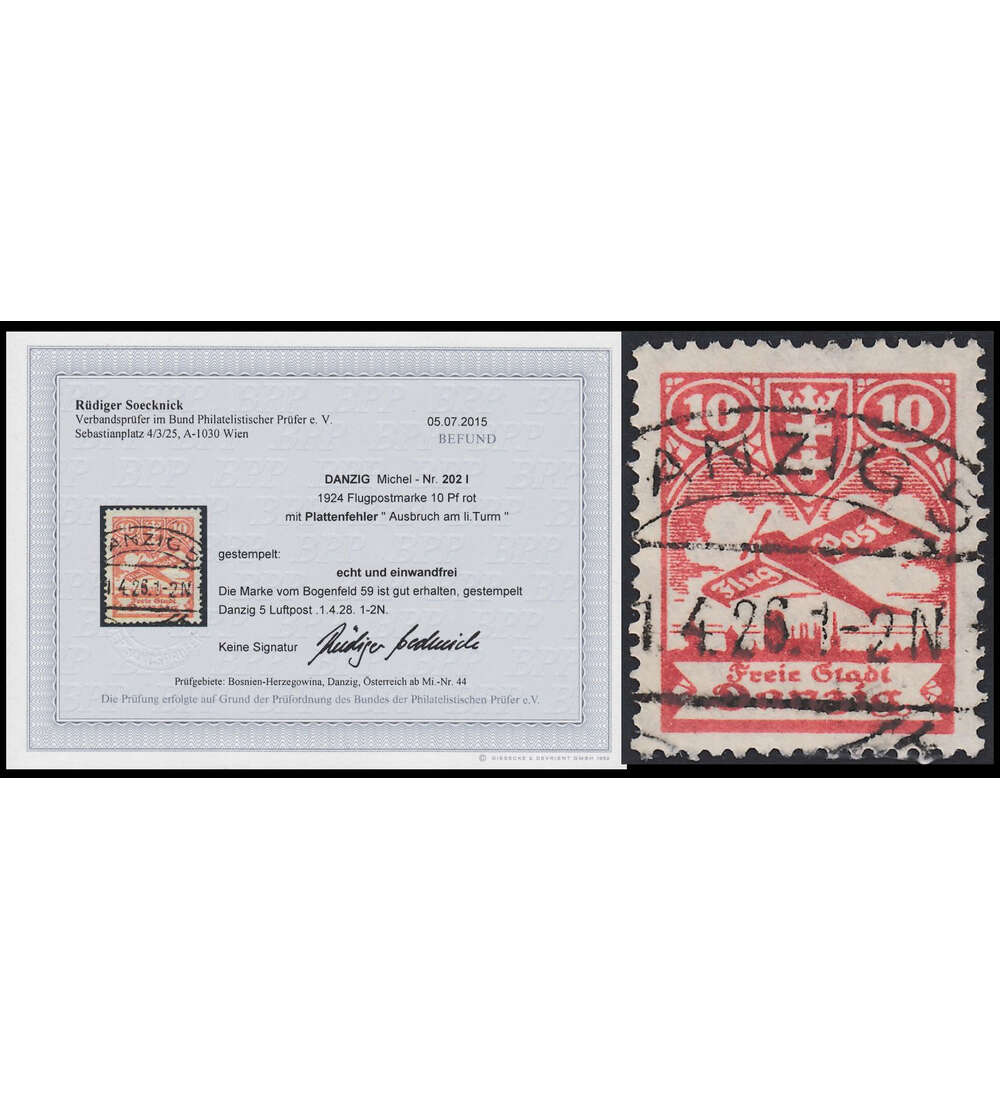 Danzig mit Befund Nr. 202 I gestempelt Farbfotobefund Soecknick