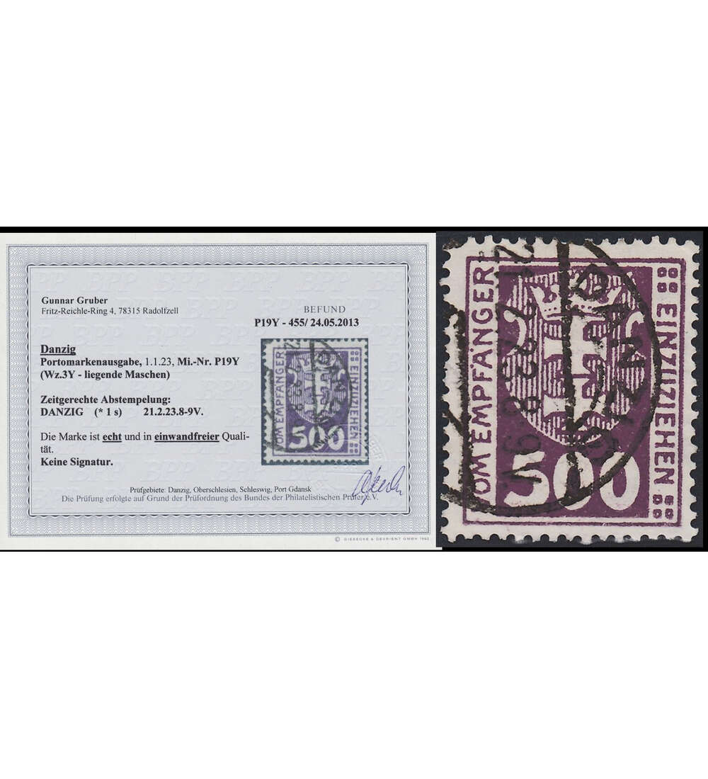 Danzig mit Befund Nr. P 19 Y gestempelt Farbfotobefund Gruber