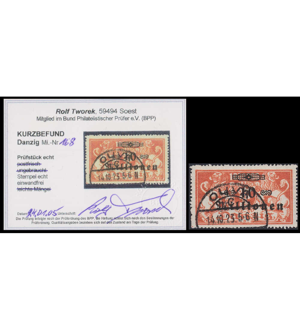 Danzig mit Befund Nr. 168I gestempelt Farbfotobefund Tworek