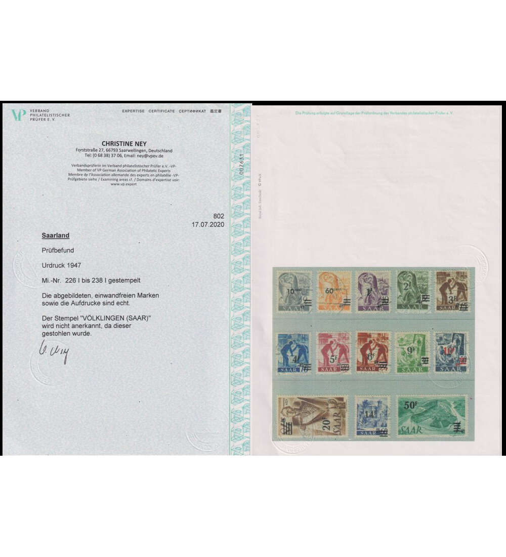 Saar Urdruck Nr. 226-238 I gestempelt mit Farbfotoattest Ney