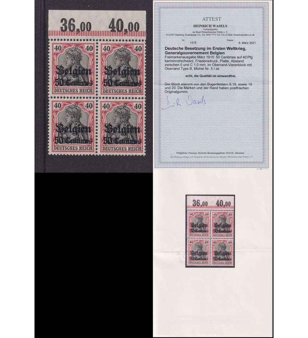 Dt. Besetzung Belgien Nr. 5 I POR A postfrischer 4er-Block vom OR m. Fotoattest