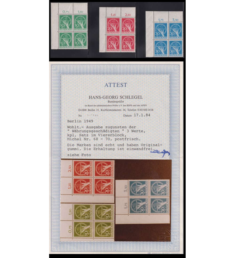Berlin W�hrungsgesch�digte Nr. 68-70 postfrisch 4er-Block mit Farbfotoattest Schlegel