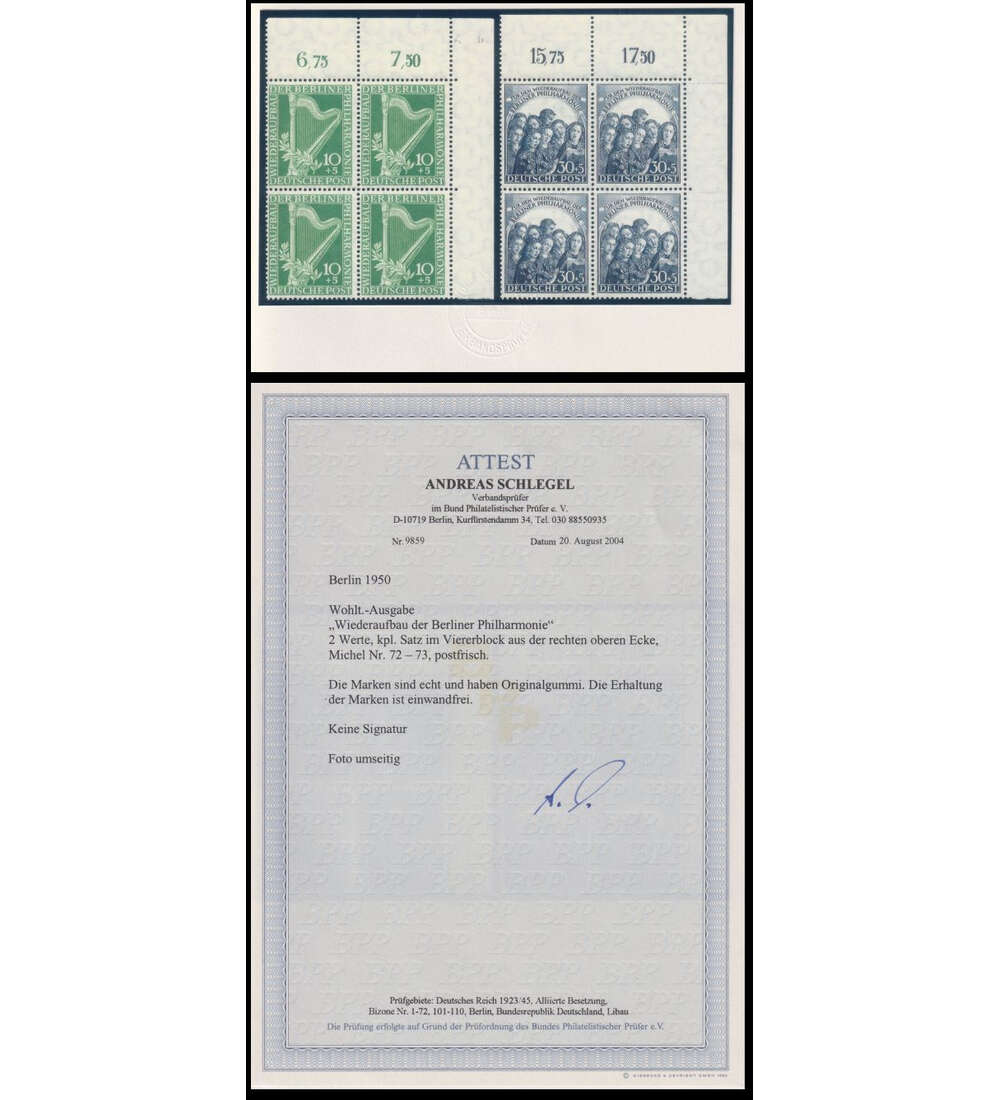 Berlin Philharmonie Nr. 72-73 postfrisch 4er-Block mit Farbfotoattest Schlegel