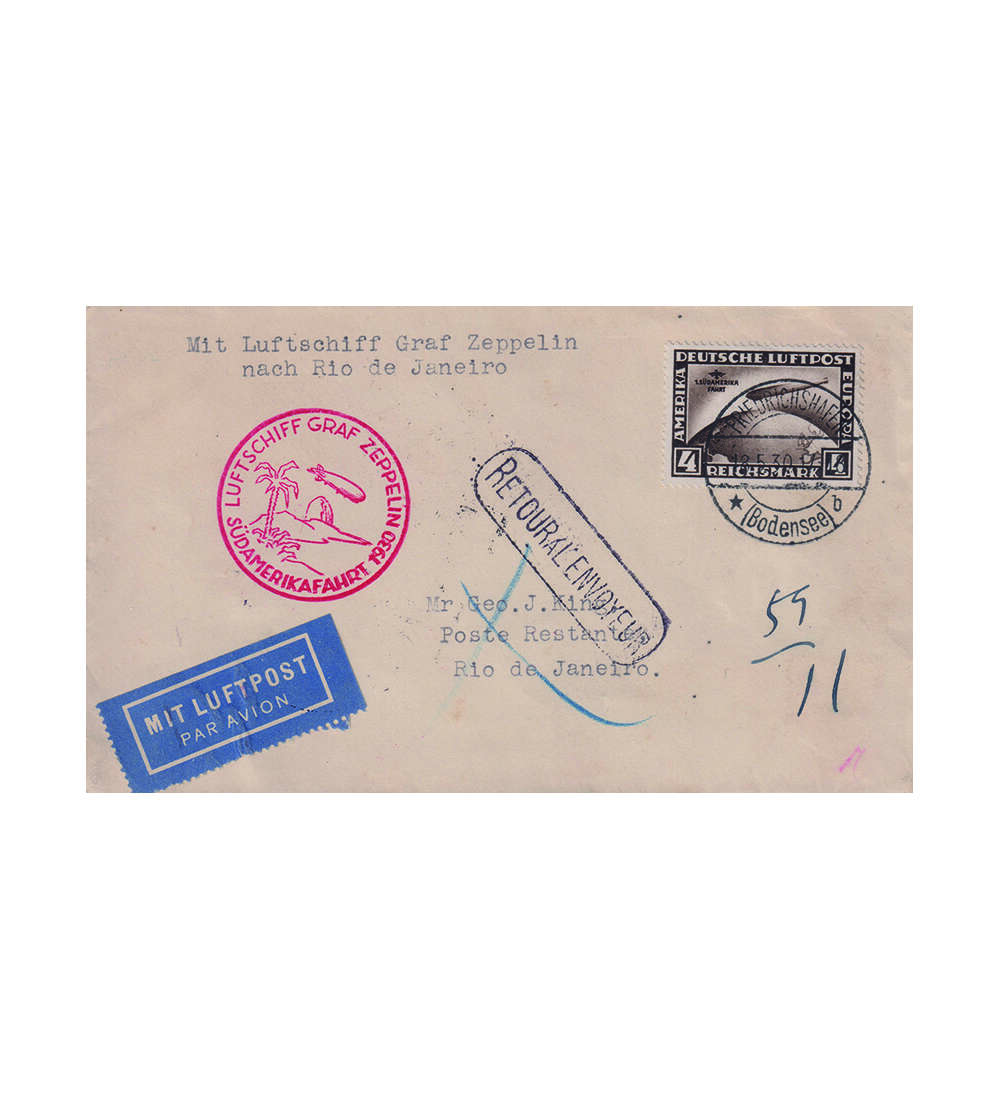Dt. Reich Sdamerikafahrt Nr. 439 als Einzelfrankatur dekorativem Zeppelinbeleg