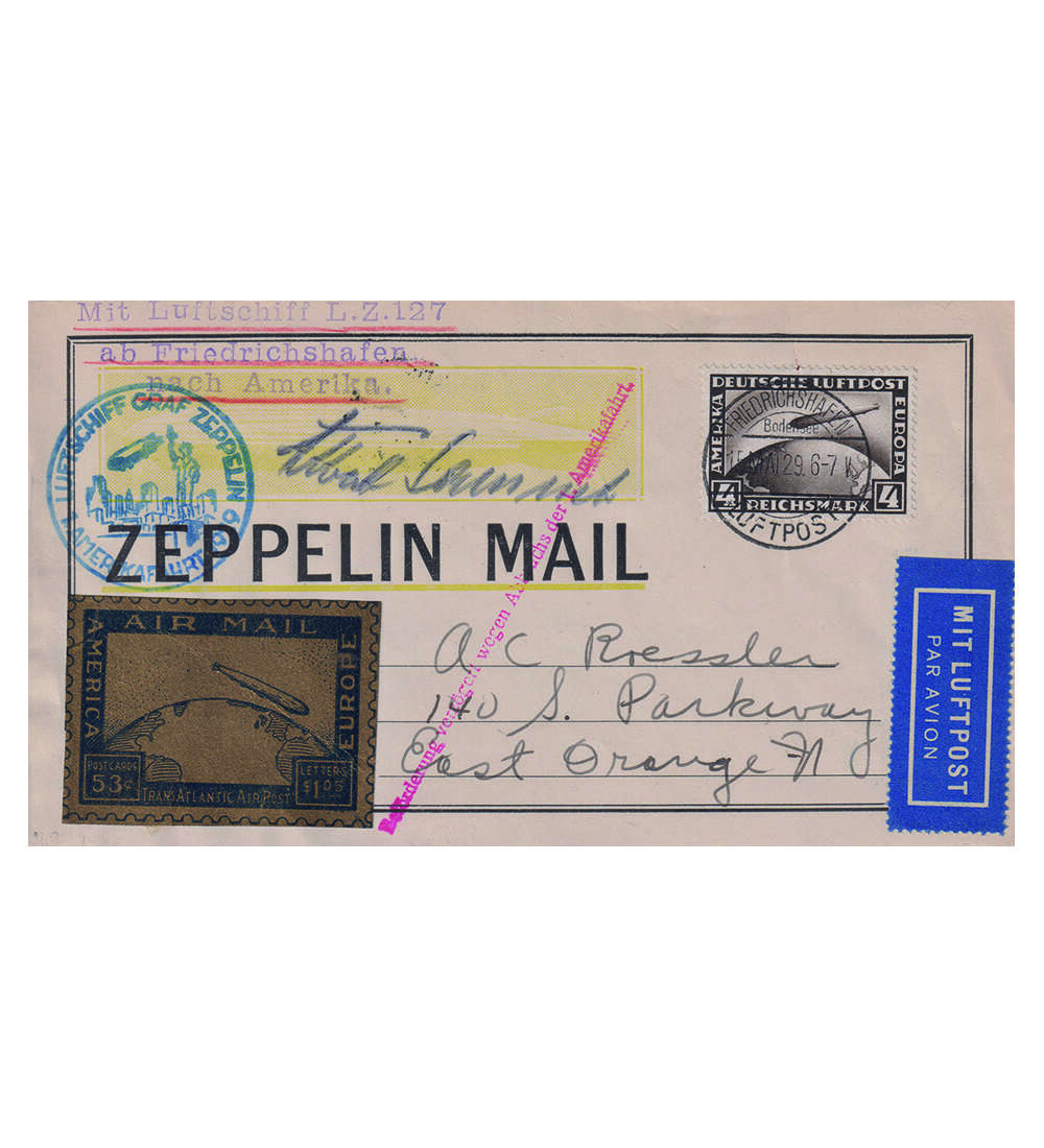 Dt. Reich Zeppelinbeleg Nr. 424 als Einzelfrankatur dekorativem Zeppelinbeleg