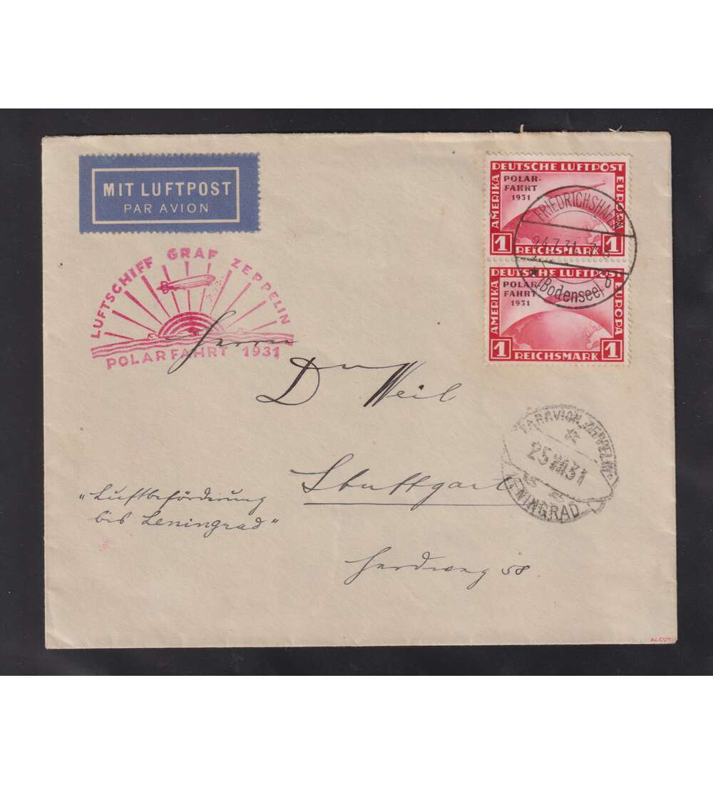 Dt. Reich Polar-Fahrt Nr. 456 als Mehrfachfrankatur dekorativem Zeppelinbeleg