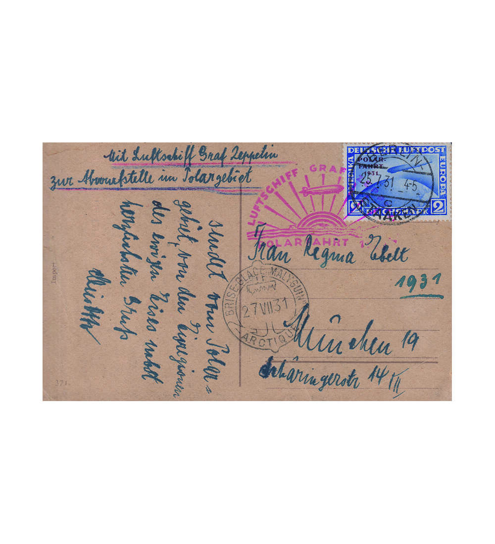 Dt. Reich Polar-Fahrt Nr. 457 als Einzelfrankatur dekorativem Zeppelinbeleg