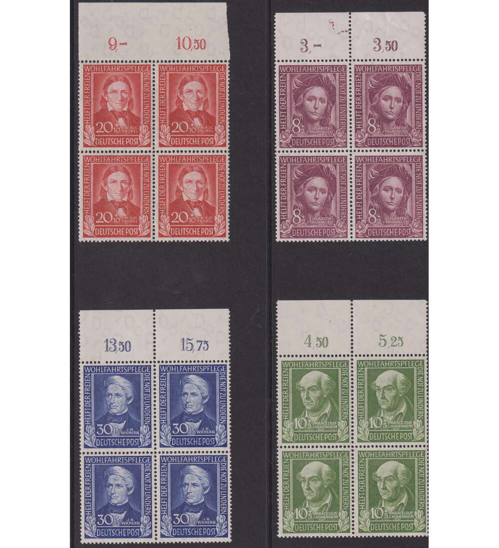 BRD Wohlfahrt 1949 Nr. 117-120 postfrische Vierer blcke vom Oberrand