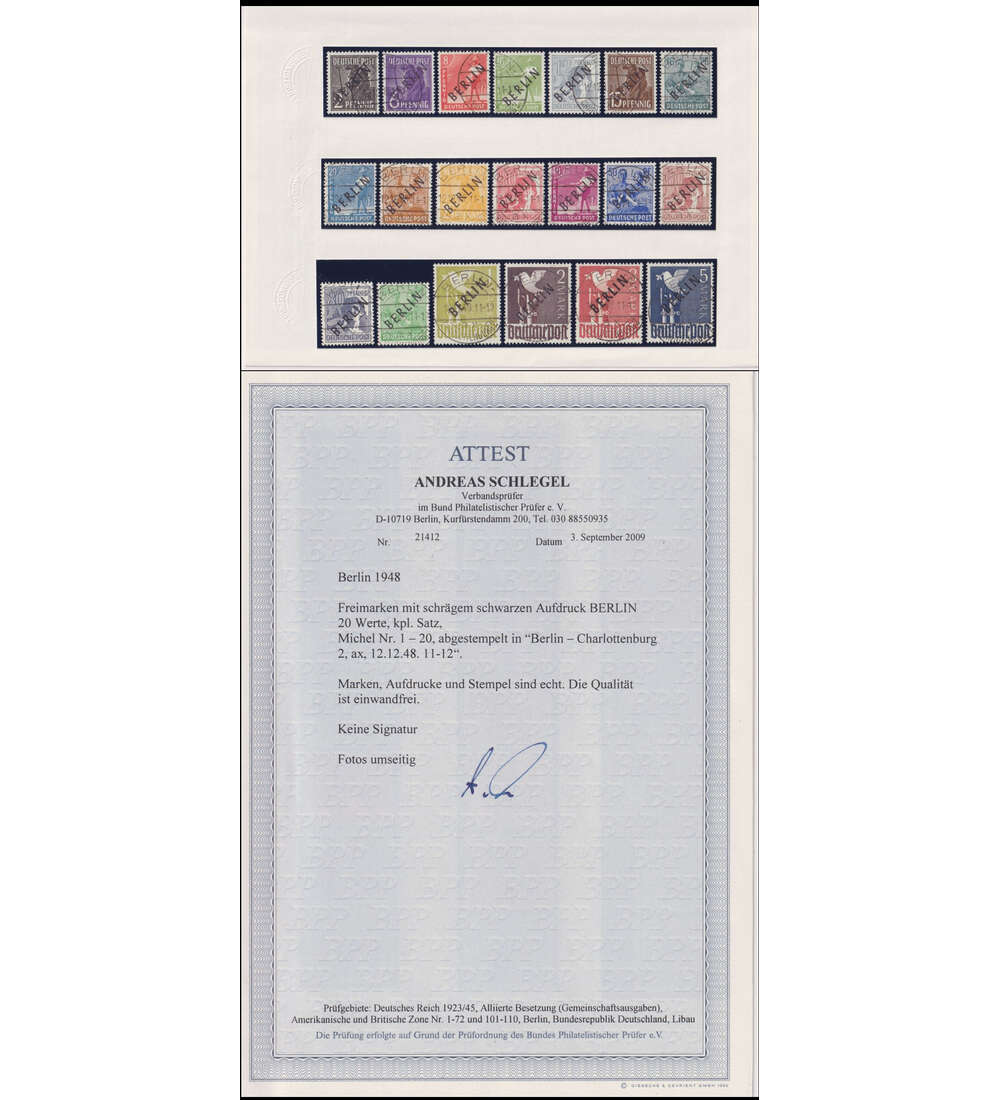 Berlin Schwarzaufdruck Nr. 1-20 gestempelt mit Farbfotoattest Schlegel