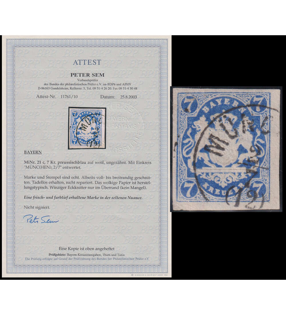 Bayern Staatswappen Nr. 21 c gestempelt mit Farbfotoattest