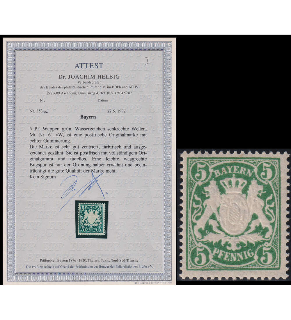 Bayern - Staatswappen Nr. 61 y W postfrisch mit Farbfotoattest