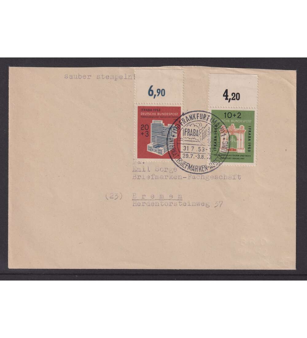 BRD Ifraba 1953 Nr. 171-172 vom Oberrand auf dekorativem Sammlerbrief