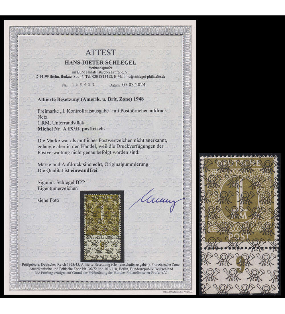 All. Besetzung - Bandausdruck Nr. A IX / II postfrisch mit Farbfotoattest Schlegel