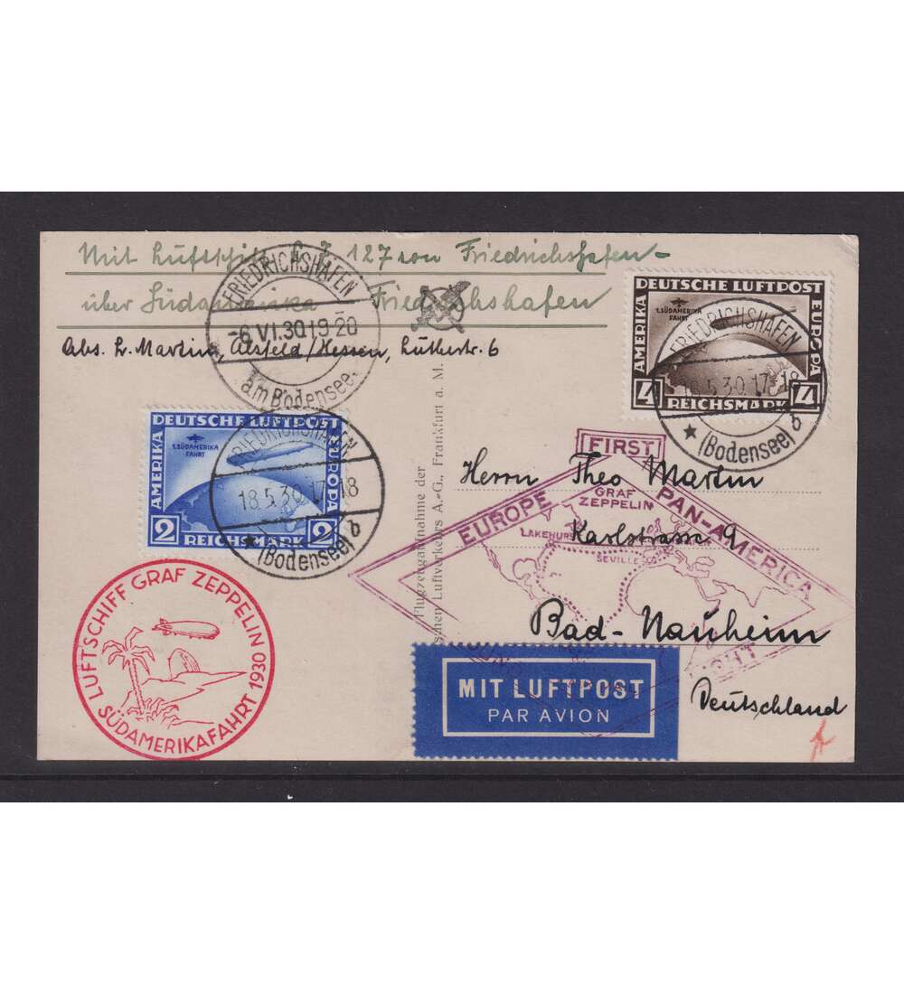 Dt. Reich Sdamerika-Fahrt Nr. 438-439 auf Luftpost-Karte mit Zeppelin-Abstempelungen
