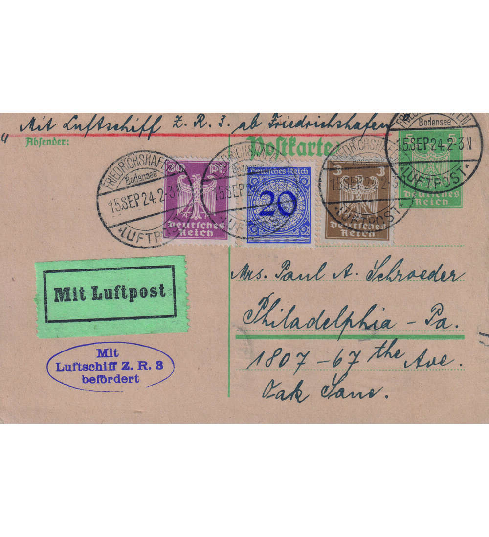 Dt. Reich - Zeppelin 1924 mit grner Luftpost-Vignette als Zusatzfrankatur