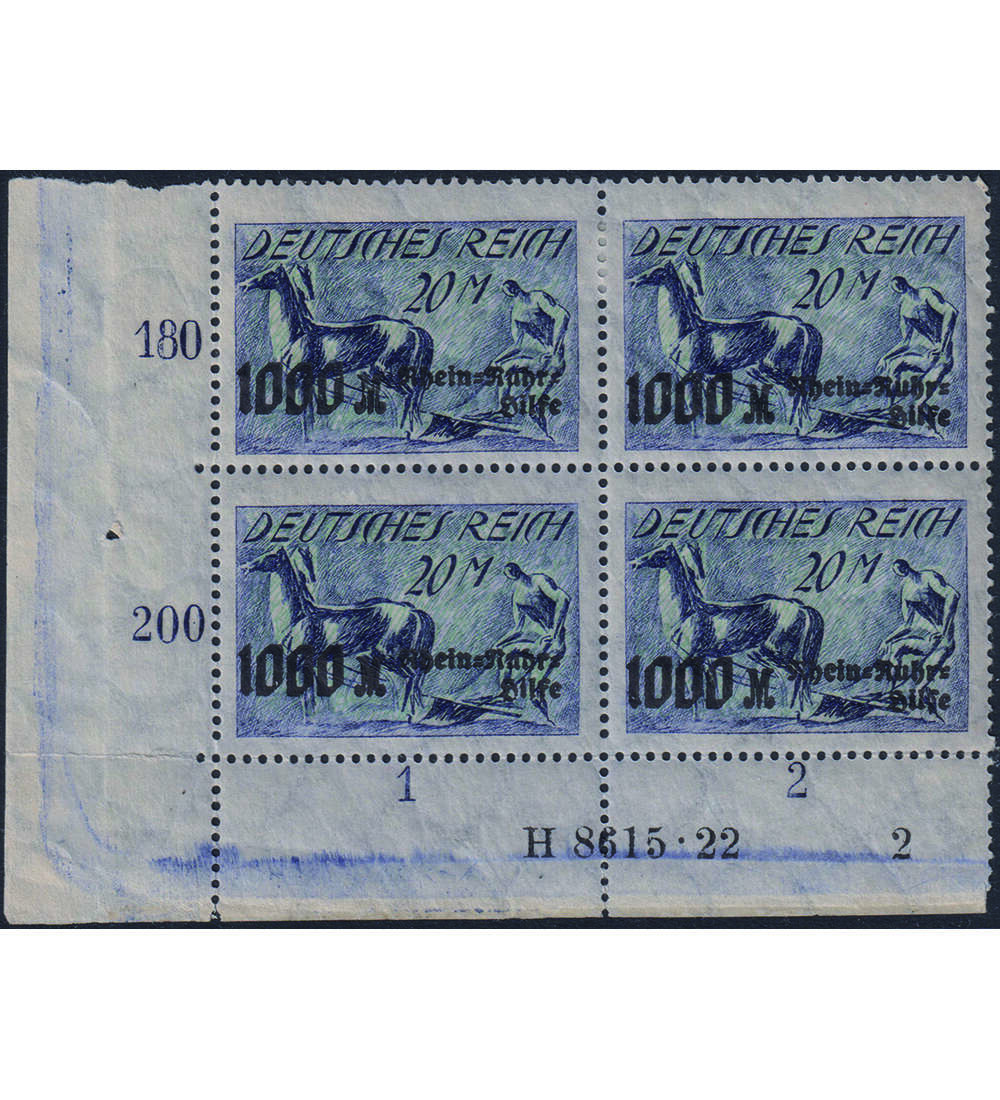 Deutsches Reich Rhein/Ruhr Nr. 260 AF II ungestempelter Eckrand-Viererblock