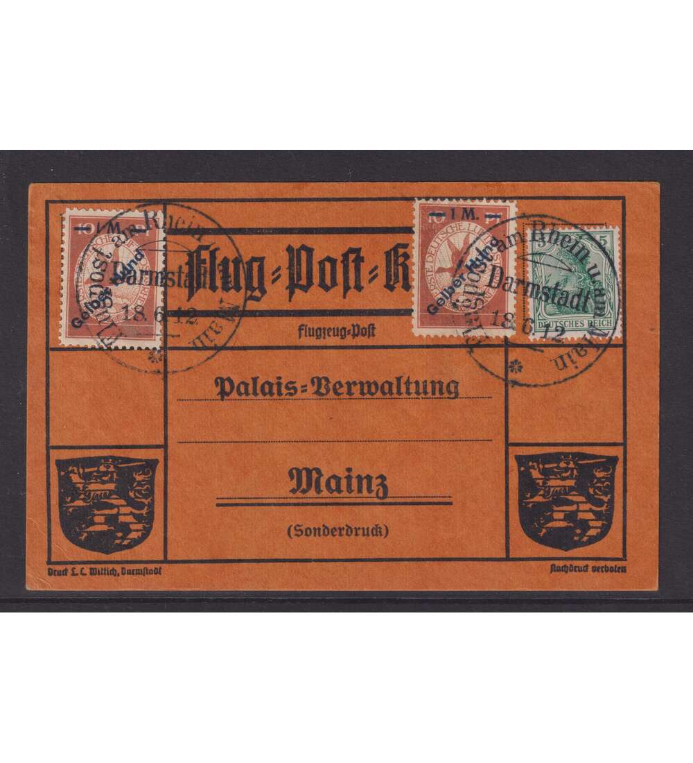 Deutsches Reich-Flugpostkarte 2 x Nr. IV Gelber Hund und Germania-Zusatzfrankatur