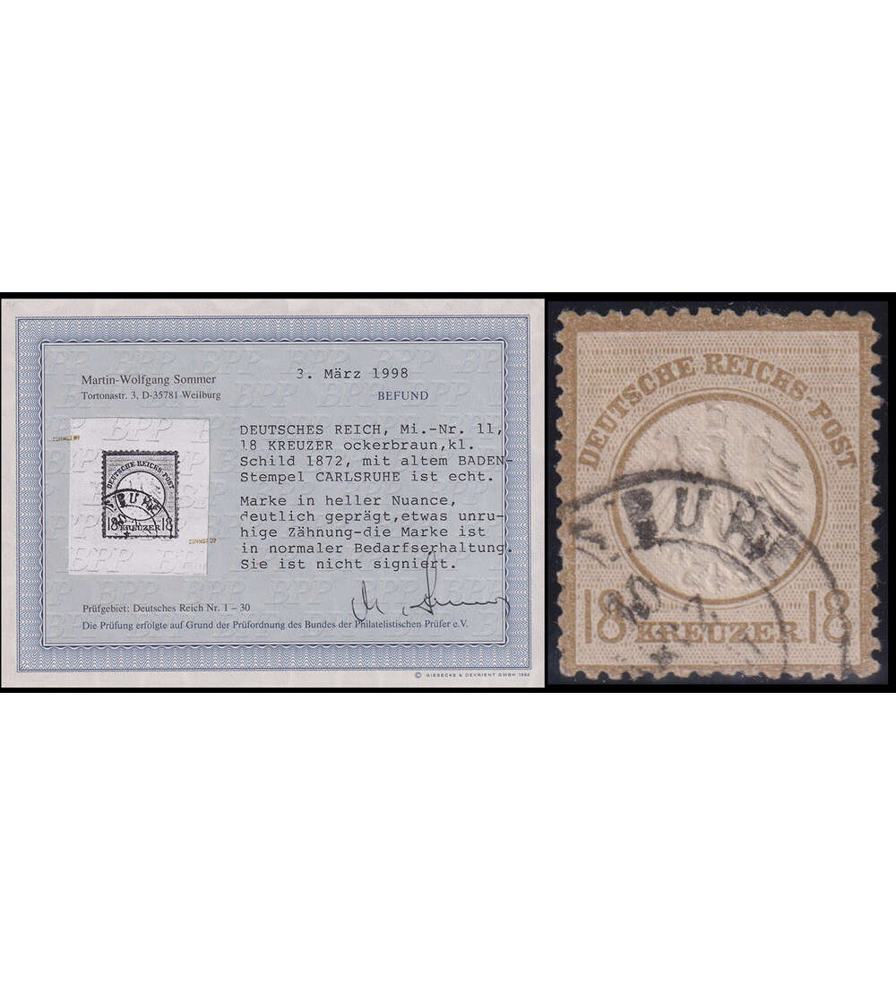 Deutsches Reich 18 Kreuzer Nr. 11 mit altem Badenstempel Carlsruhe u. Echtheitsbefund