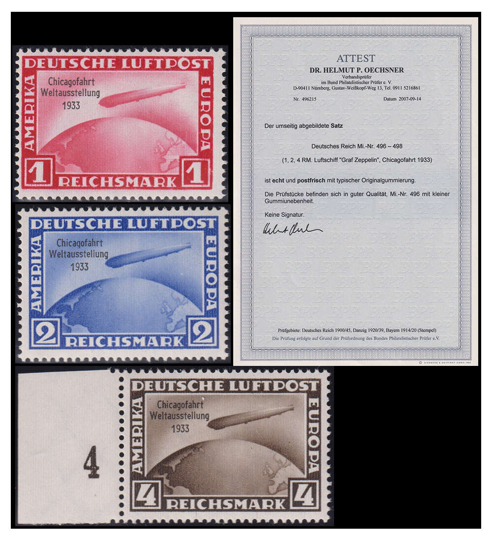 Dt. Reich Chicago-Fahrt Nr. 496-498 postfrisch mit Farbfotoattest