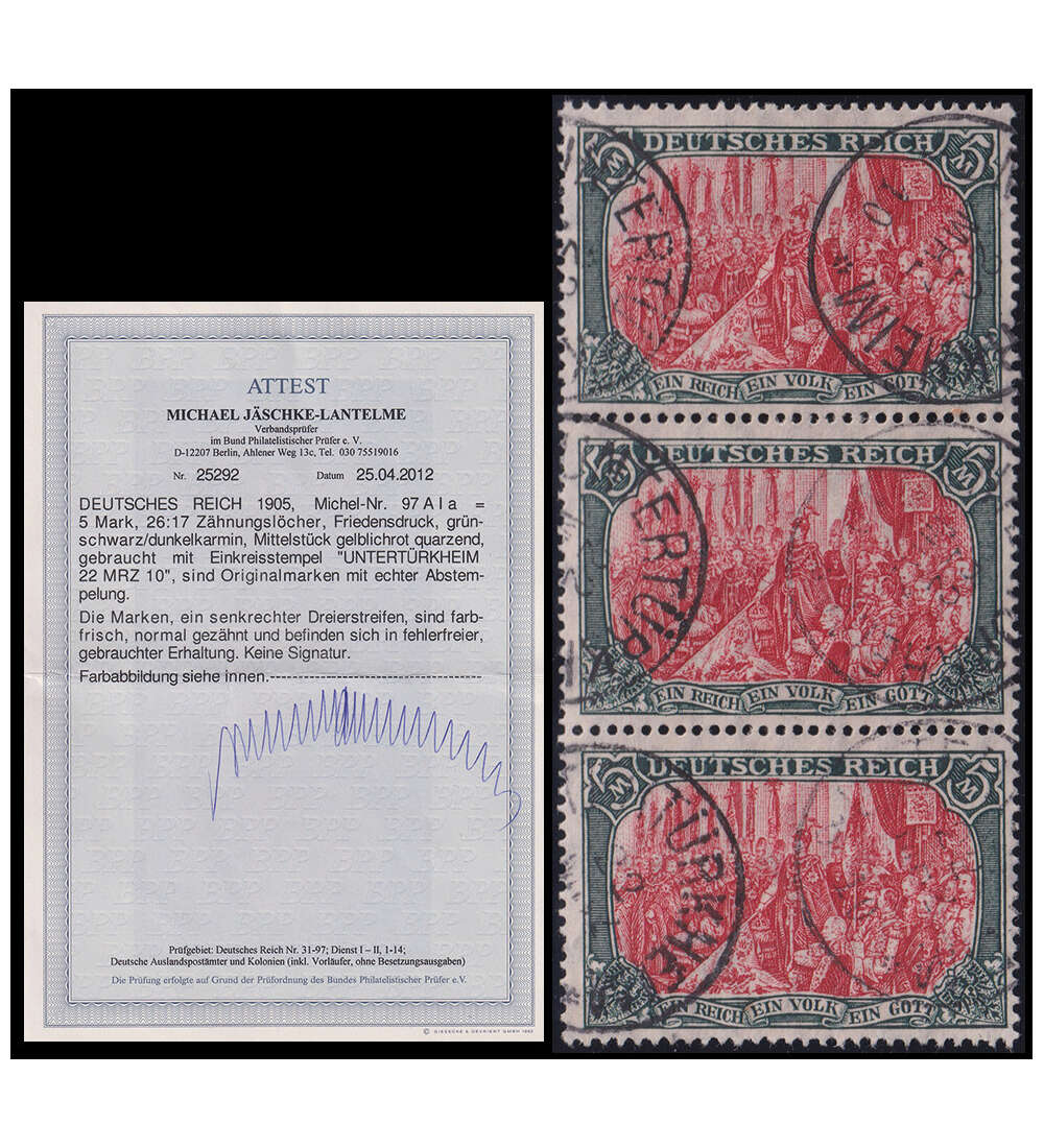 Deutsches Reich - Hchstwert Nr. 97 A I a als gestempelter senkrechter Dreierstreifen