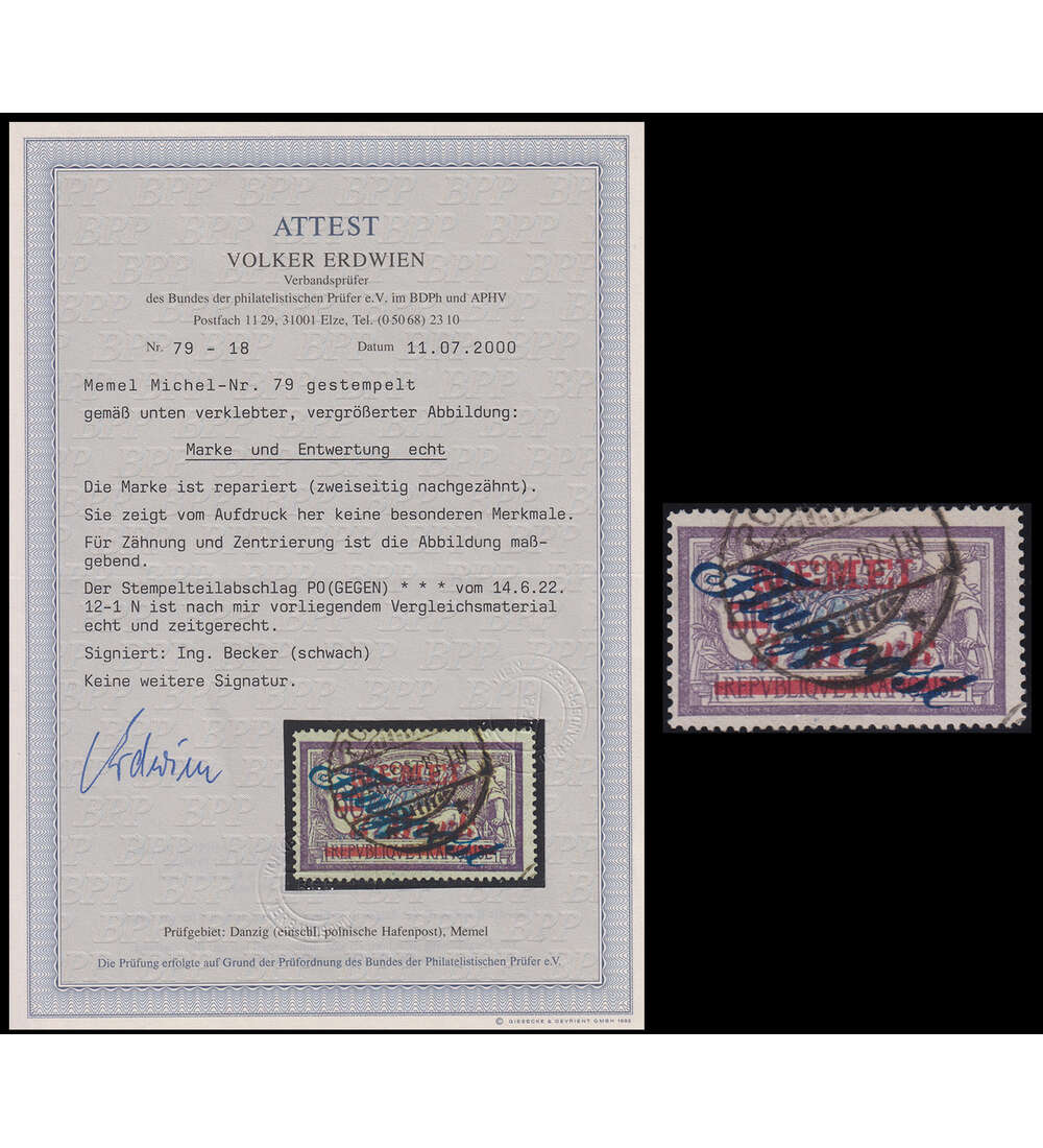 Memel Spitzenwert Nr. 79 gestempelt mit Farbfotoattest