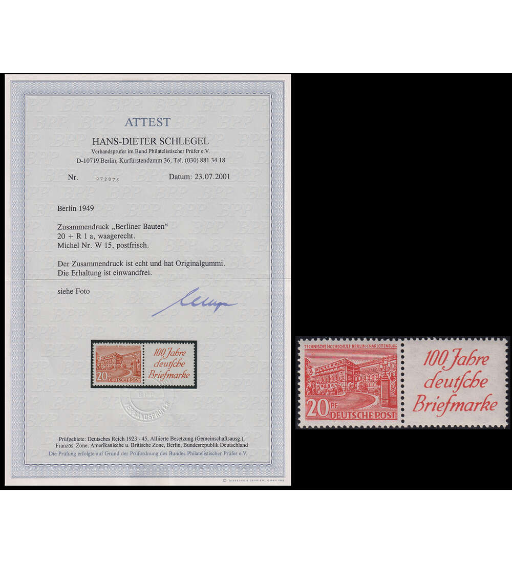 Berlin - Zusammendruck Nr. W 15 postfrisch mit Farbfotoattest Schlegel