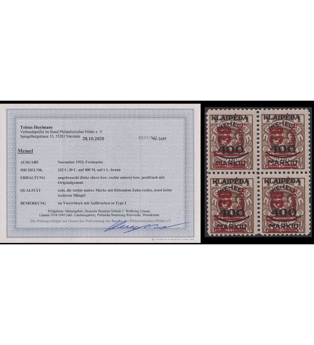 Memel Viererblock Nr. 232 I 2 Werte postfrisch, 2 Werte ungebraucht mit Farbfotobefund