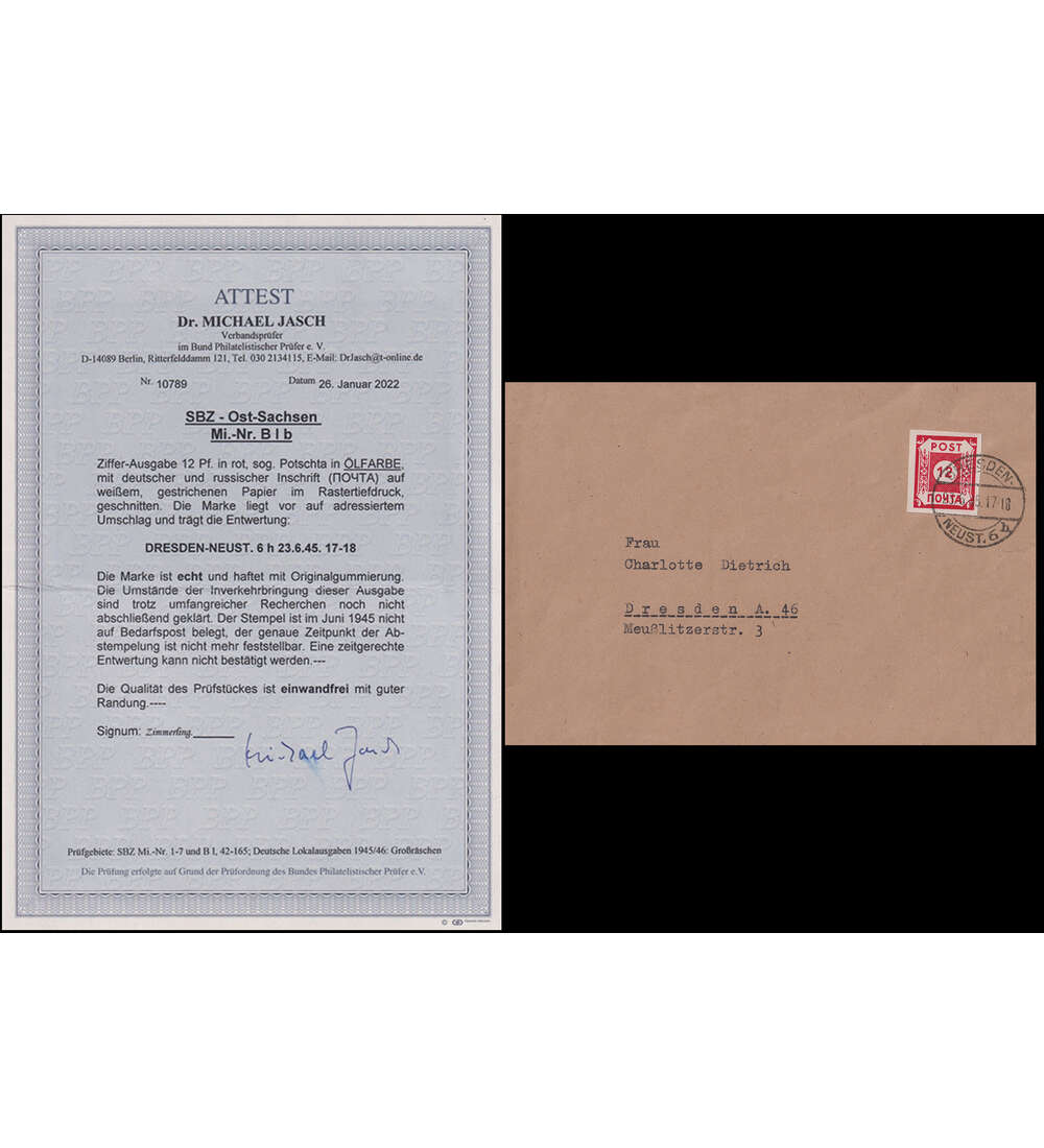 SBZ POTSCHTA-Brief Nr. B I b auf Brief mit Farbfotoattest Jasch
