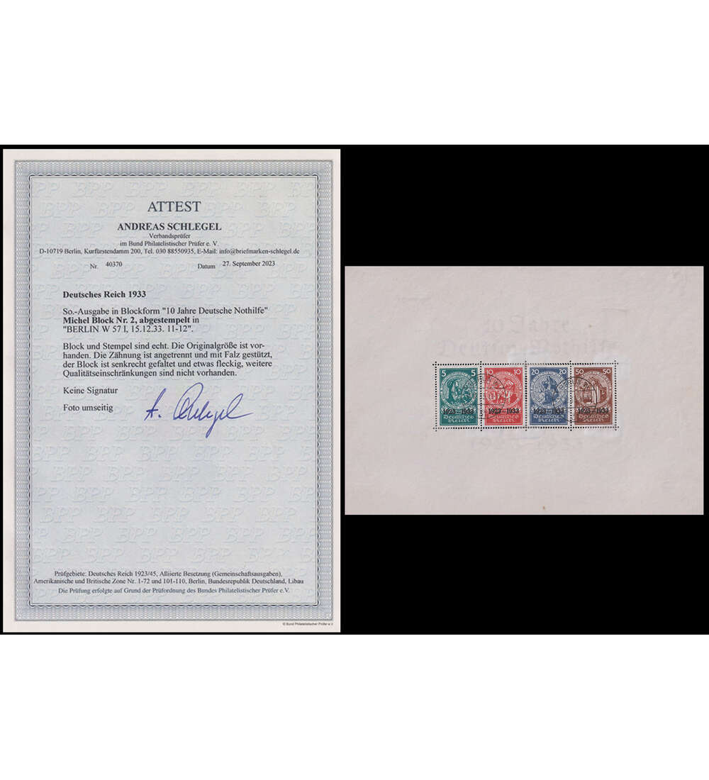 Dt. Reich Nothilfe-Block Block 2 gestempelt mit Farbfotoattest Schlegel