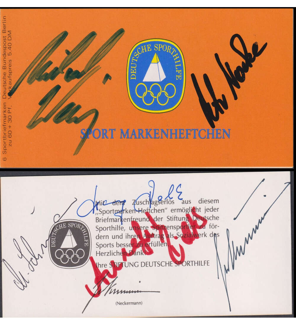 Sportmarkenheftchen mit Unterschriften der Teilnehmer und Josef Neckermann