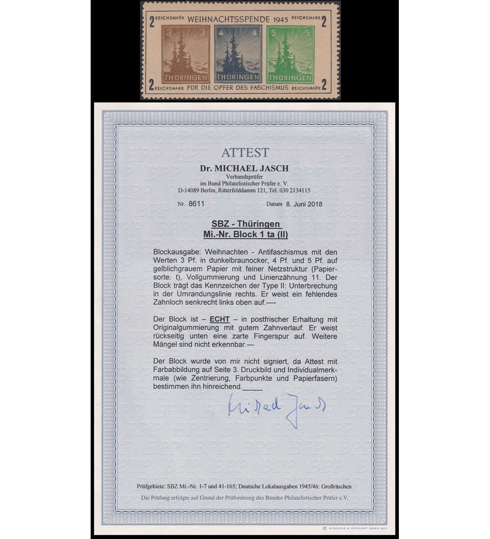 SBZ - Block 1 t postfrisch mit Farbfotoattest Jasch