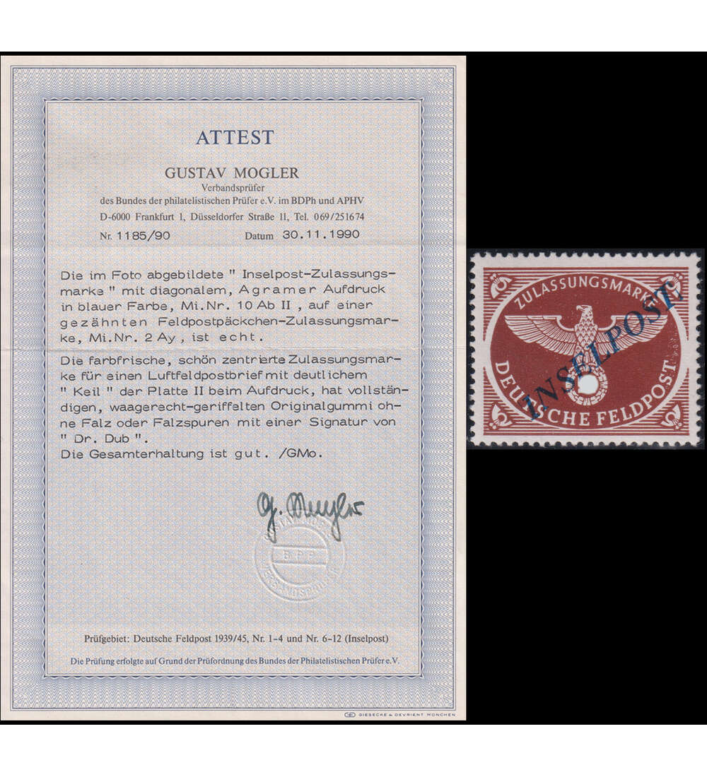 Dt. Reich - Feldpost Agram Nr. 10 A b II postfrisch mit Farbfotoattest Mogler