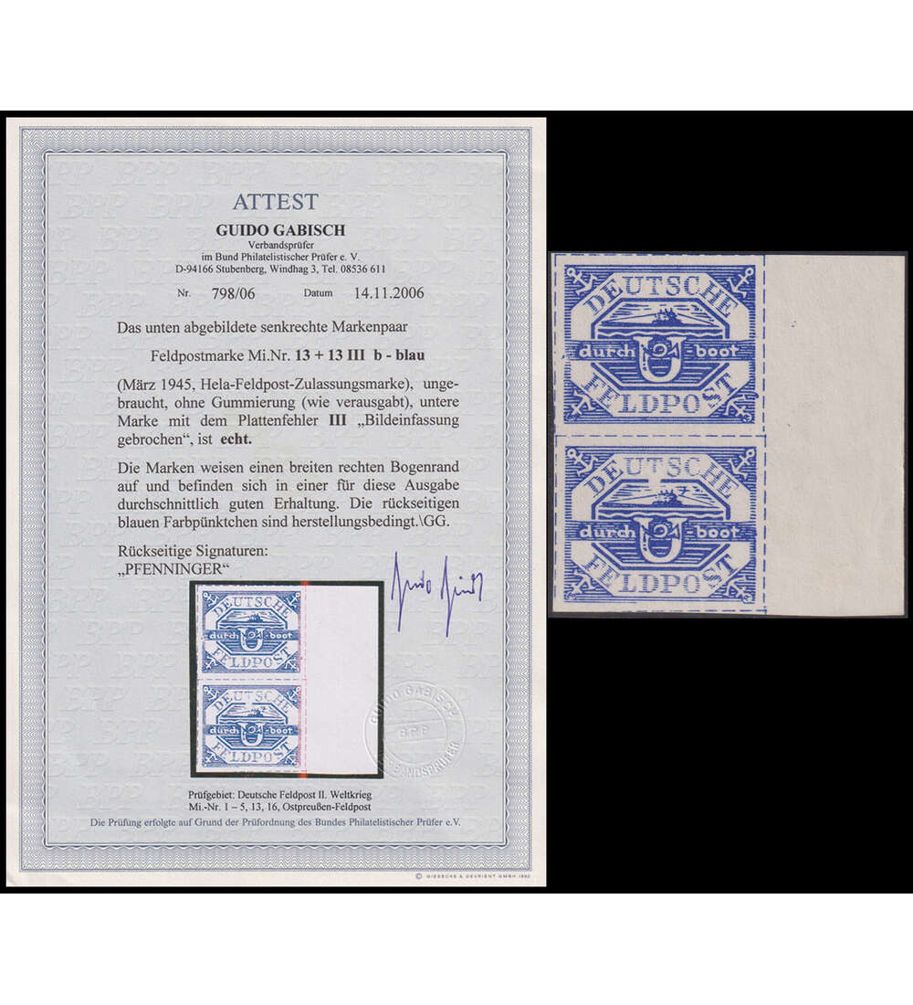 Dt. Reich - Feldpost U-Boot Nr. 13 + 13 III b ungestempelt mit Farbfotoattest Gabisch