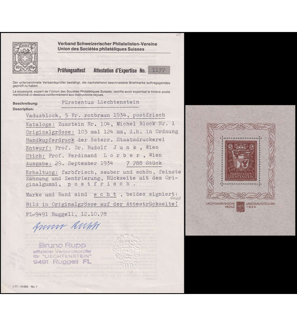 Liechtenstein Block 1 postfrisch mit Fotoattest Vaduz-Block