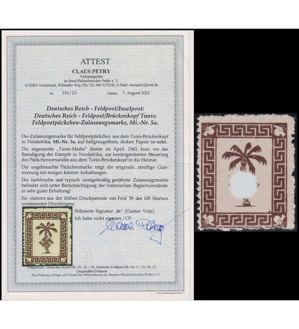 Dt. Reich Feldpost Tunis Nr. 5 a ungestempelt mit Farbfotoattest Petry