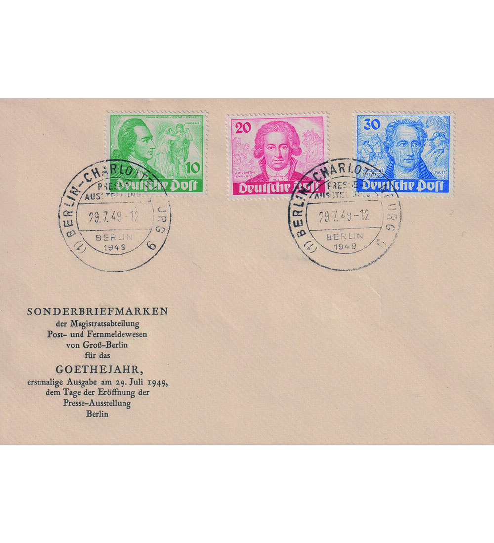 Berlin - Ersttagsbrief Nr. 61-63 amtlicher Ersttags- brief Goethe 1949