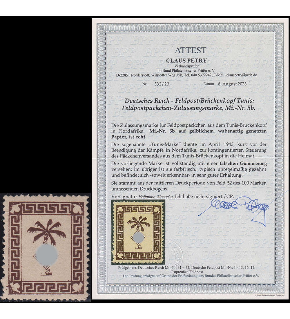 Deutsches Reich Tunis Nr. 5 ungestempelt mit Farbfotoattest