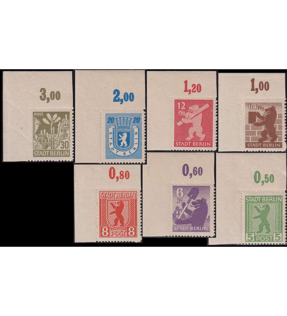 SBZ Berliner B�r postfrisch Nr. 1-7 B Ecke oben links Freimarken 1945 durchstochen