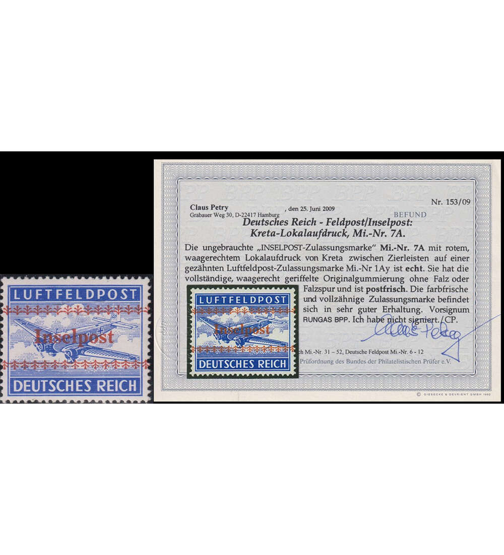 Deutsches Reich - Feldpost Nr. 7 A postfrisch, Farbfoto- befund Kreta-Lokalaufdruck