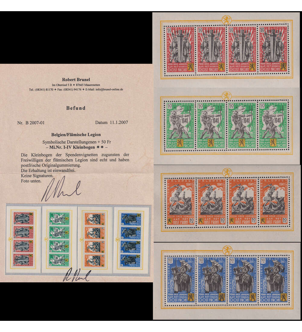 Dt. Besetzung Fl�mische Legion Nr. I - IV in postfrischen Kleinbogen m. Farbfotoattest