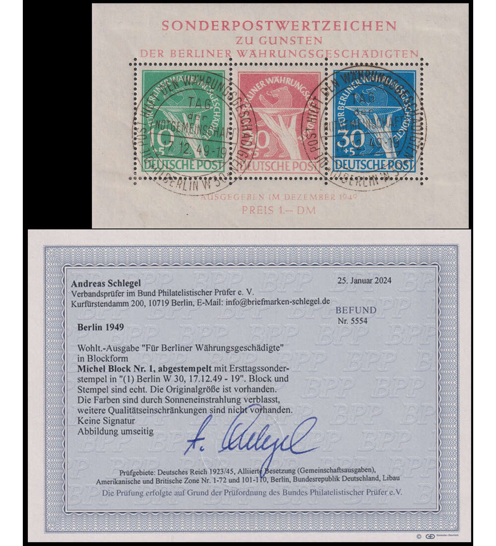 Berlin - Block 1 gestempelt mit Ersttags-Sonderstempel und Farbfotobefund Schlegel