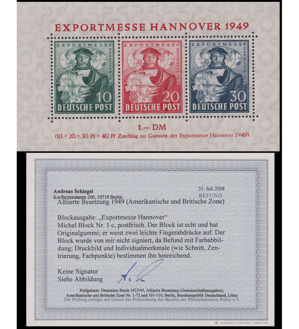 Alliierte Besetzung-Block 1 c postfrisch mit Farbfotobefund Hannocer-Messe-Block