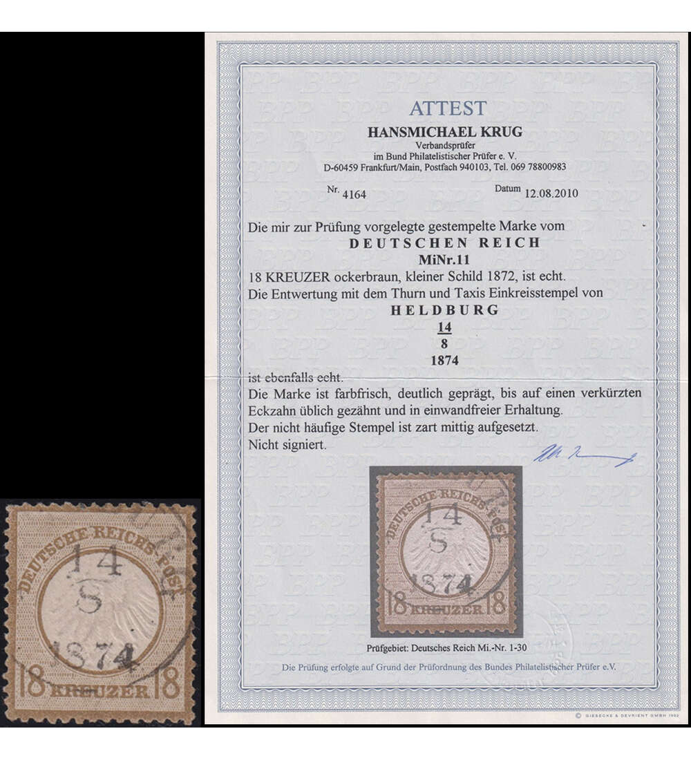 Deutsches Reich 18 Kreuzer Nr. 11 gestempelt m. Farbfoto- attest kleines Brustschild