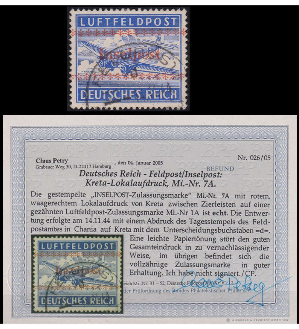 Deutsches Reich - Feldpost Nr. 7 A gestempelt m. Farbfoto befund Kreta