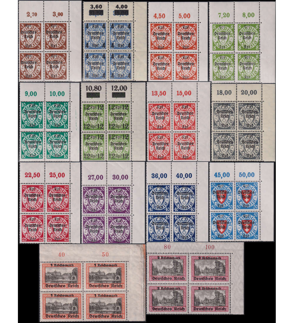Dt. Reich Eckrand-Viererblcke Nr. 716-729 postfrisch aus der rechten oberen Bogenecke