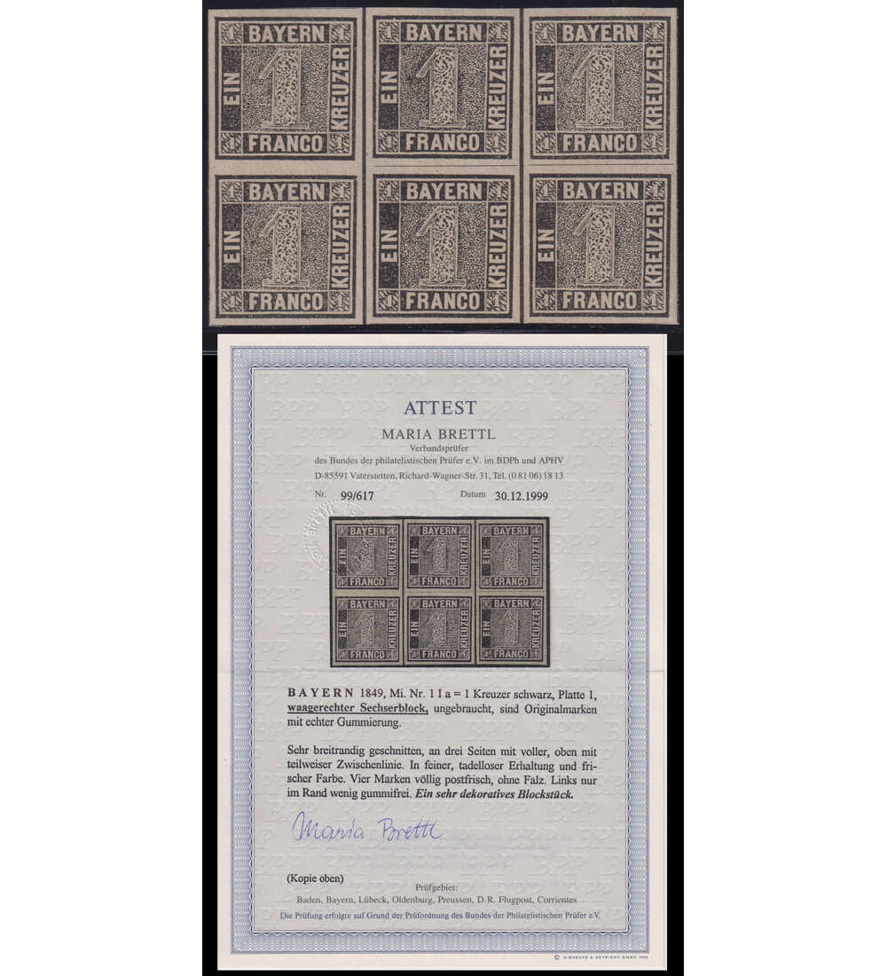 Der Bayern Einser im Luxus-Sechser-Block mit echter Gummierung, Fotoattest Brettl