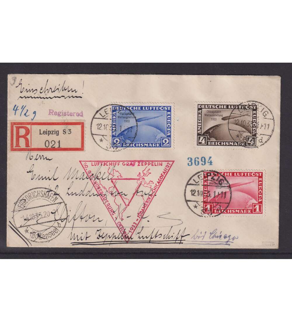 Deutsches Reich Chicagofahrt Nr. 496-498 als Einschreibebrief und signiert