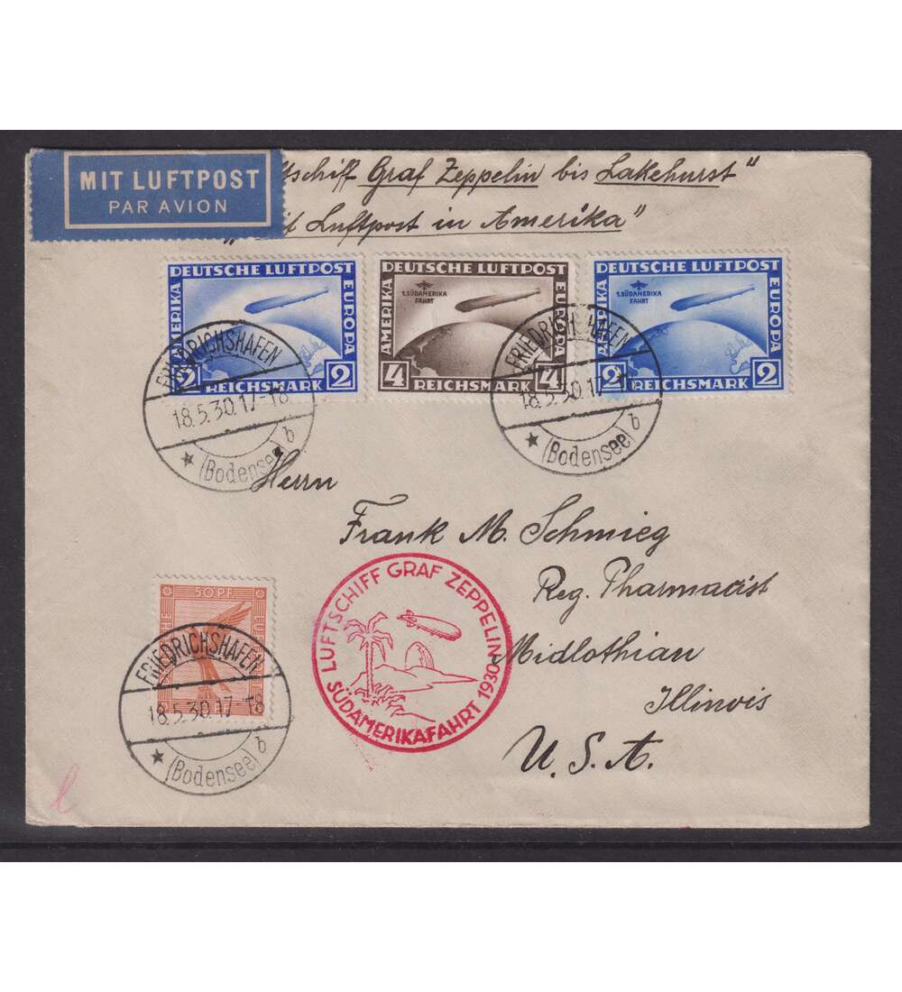 Dt. Reich Zeppelinbeleg Nr. 438-439 + 423 vom 18.5.30 v. Friedrichhafen n. Lakehurst