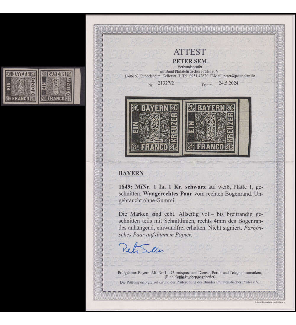 Bayern Einser-Paar Nr. 1 I a ungestempelt mit Farbfotoattest Sem
