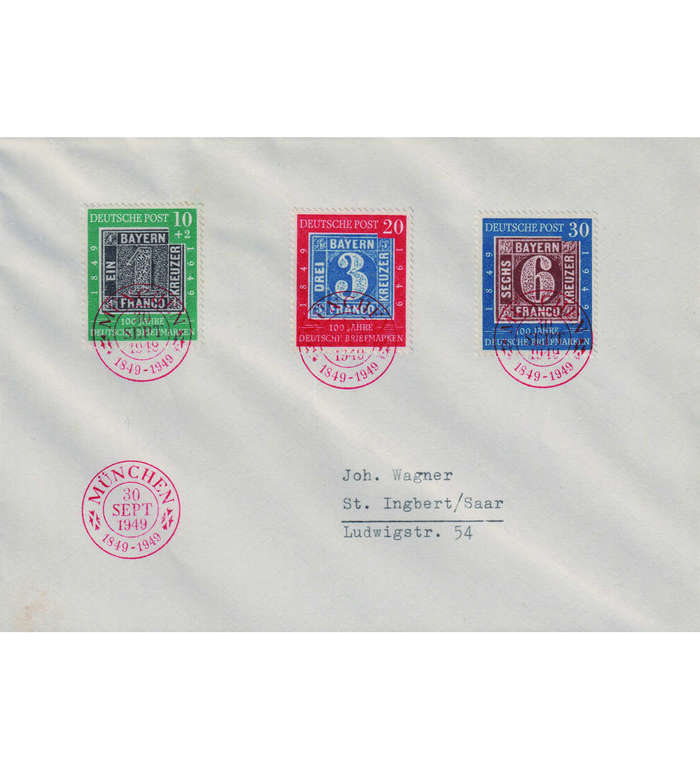 BRD Tag der Briefmarke 1949 Nr. 113-115 auf Schmuckbeleg mit rotem Ersttagsstempel